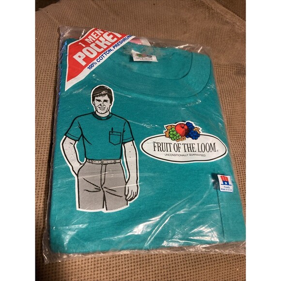 Vintage NEW old Stock 1987 Fruit of the Loom Men’s Pocket-T Shirt Green Medium - Picture 1 of 5